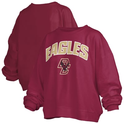 Boston College Eagles Pressbox Women's Oversized Janise Arch Over Logo Fleece Sweatshirt - Maroon