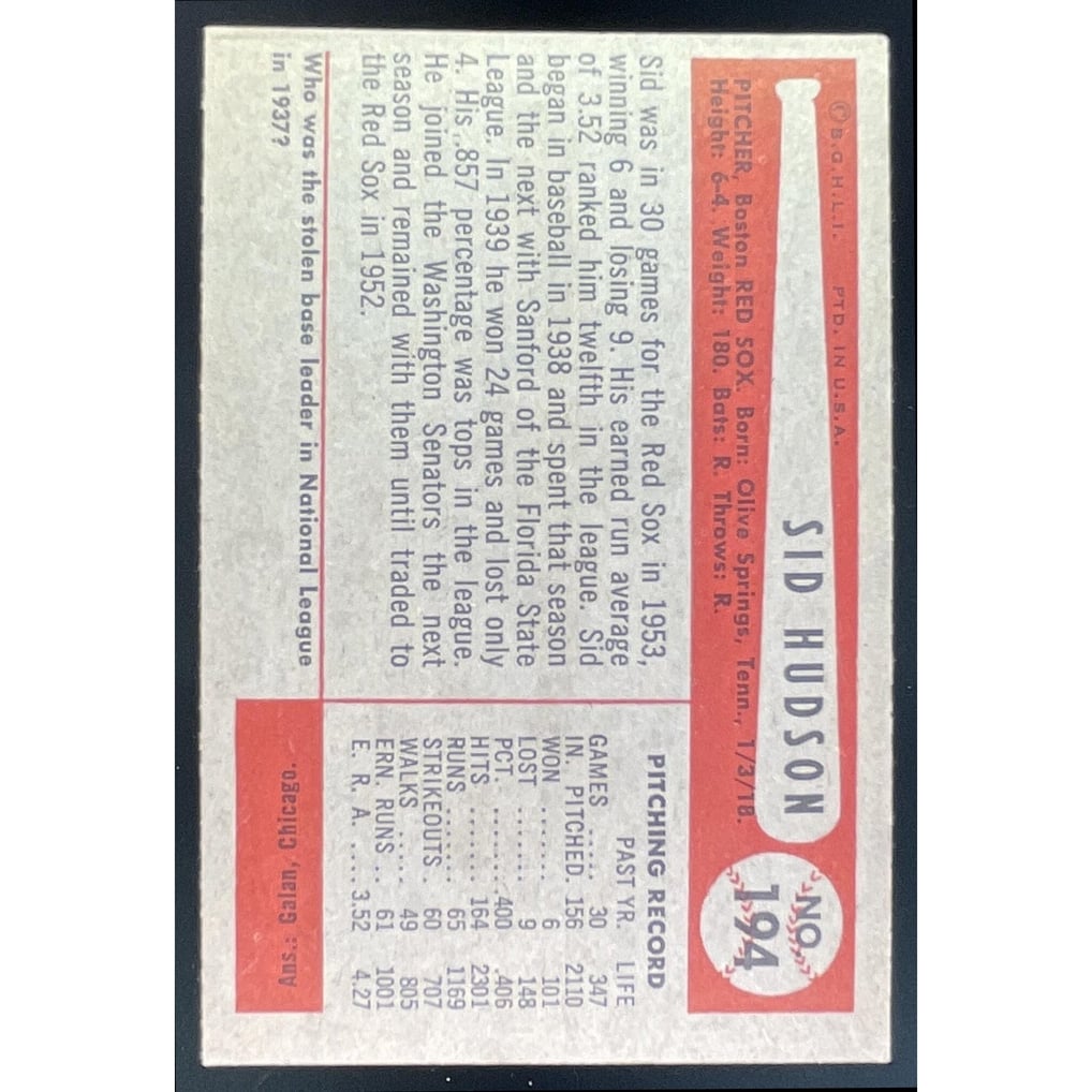 1954 Bowman #194 Sid Hudson