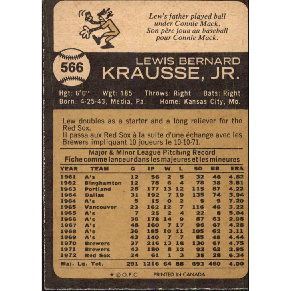 1973 O-Pee-Chee #566 Lew Krausse