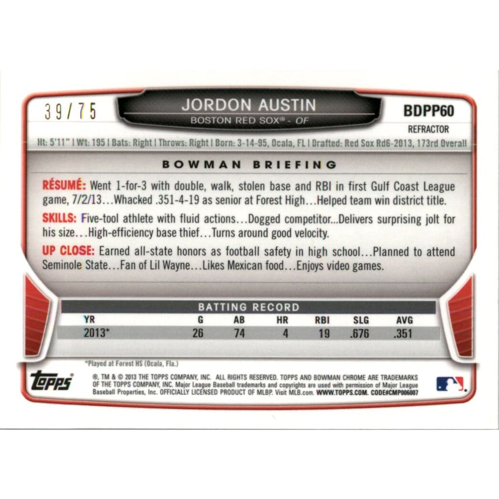 2013 Bowman Chrome Draft Draft Picks Green Refractors #BDPP60 Jordon Austin