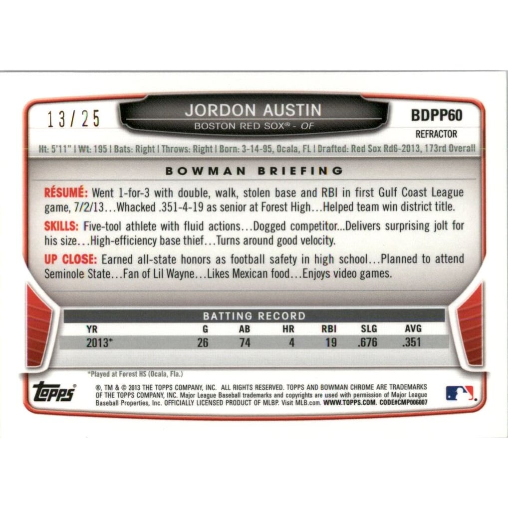 2013 Bowman Chrome Draft Draft Picks Red Wave Refractors #BDPP60 Jordon Austin