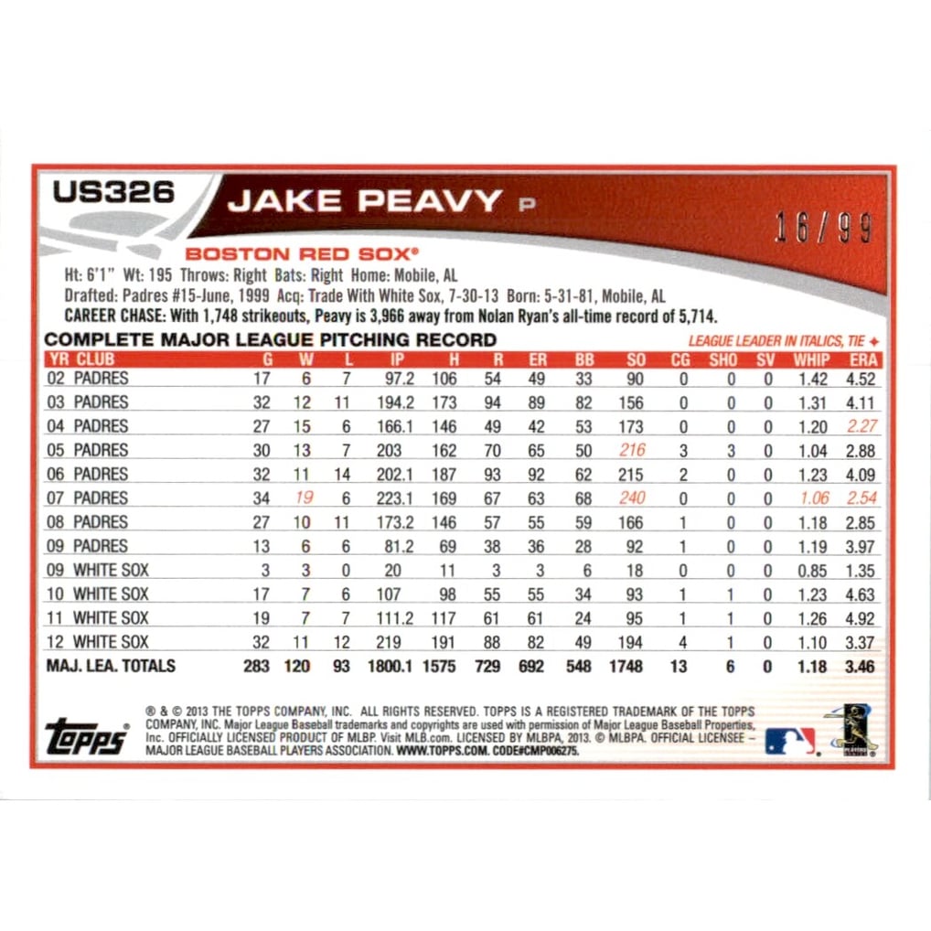 2013 Topps Update Camo #US326 Jake Peavy