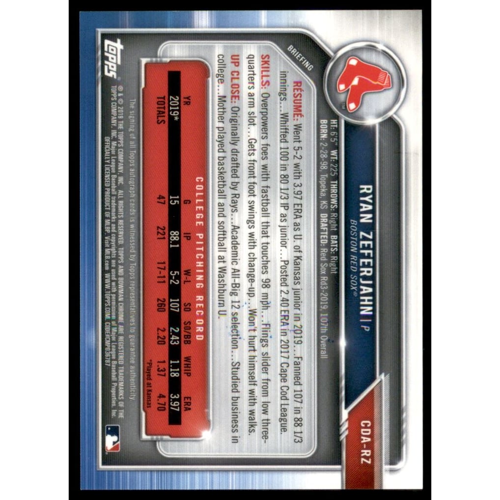 2019 Bowman Chrome Draft Autographs #CDARZ Ryan Zeferjahn