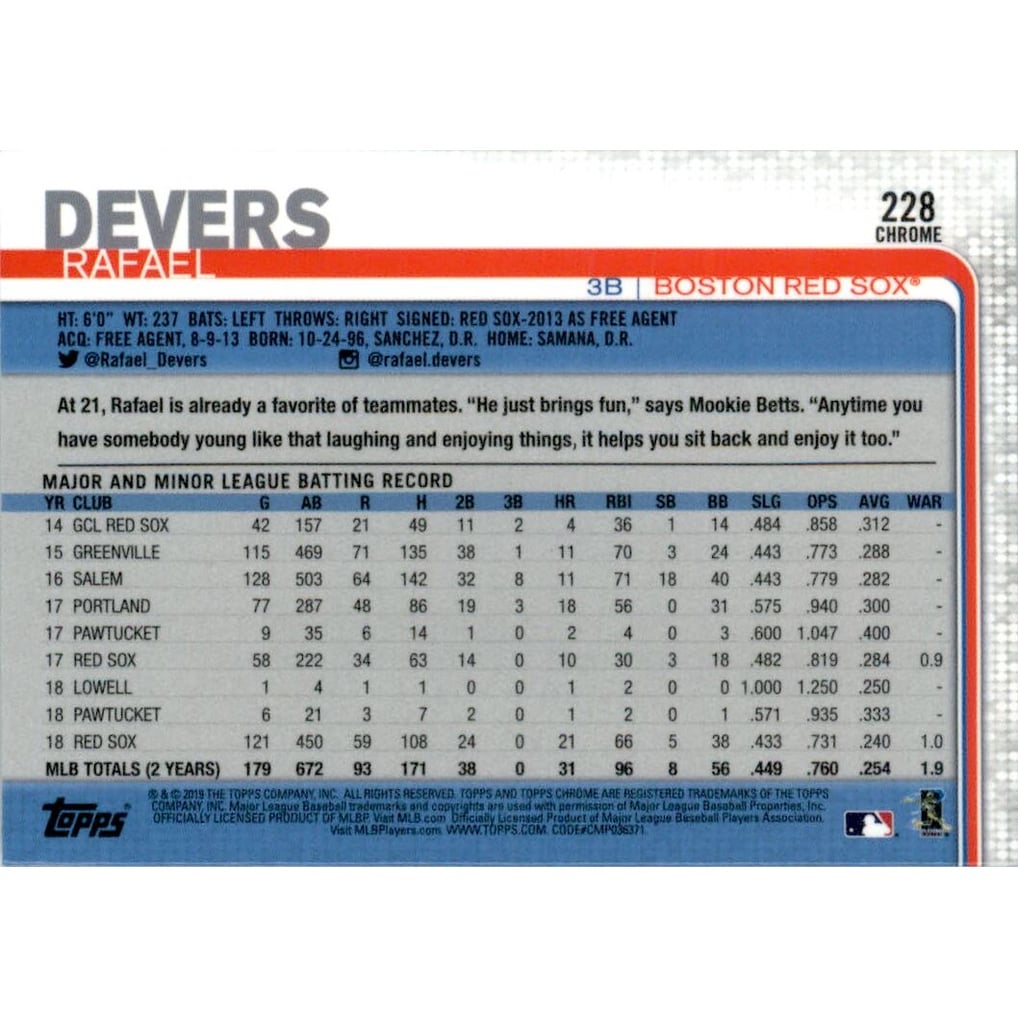 2019 Topps Chrome Sapphire #228 Rafael Devers