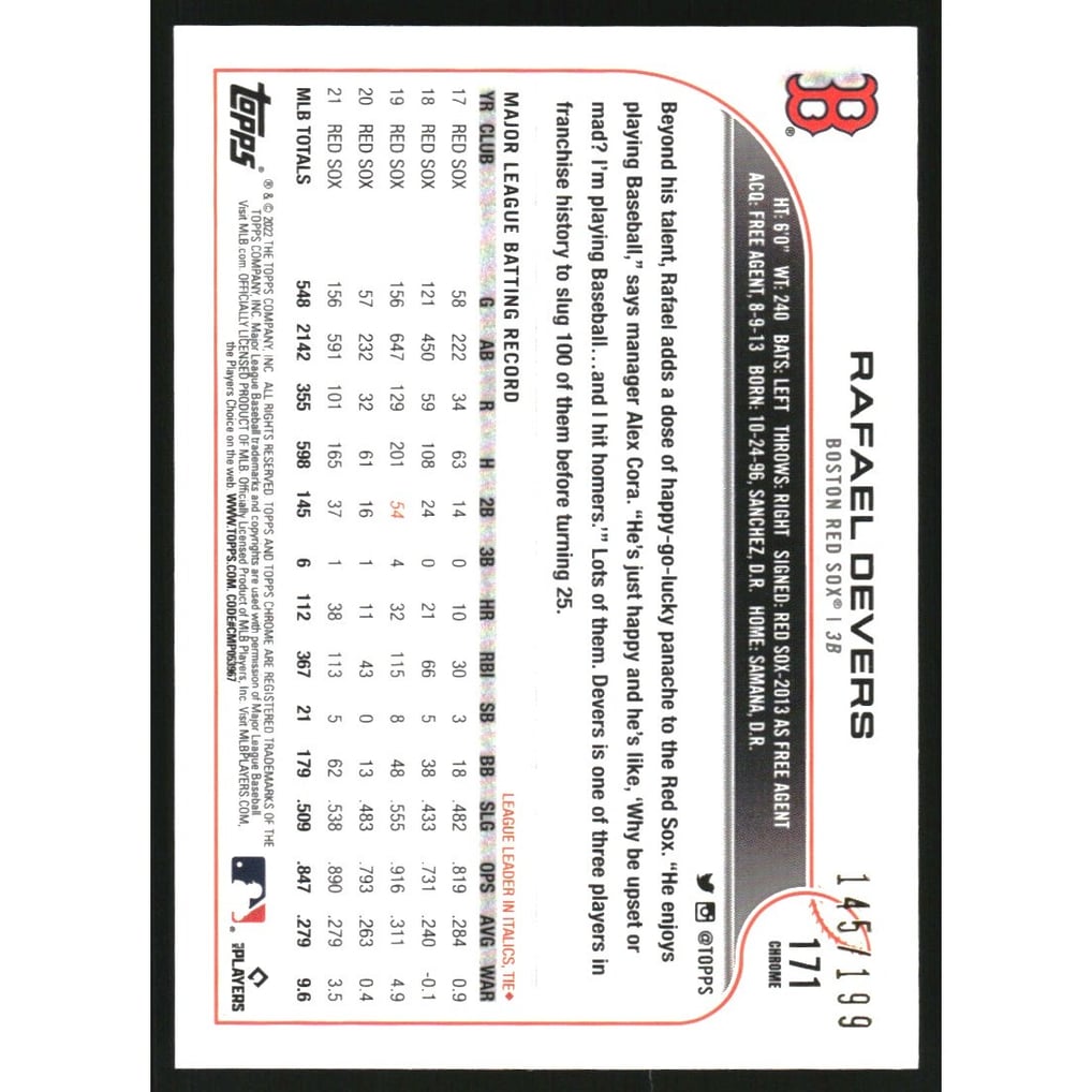 2022 Topps Chrome Aqua Wave Refractors #171 Rafael Devers