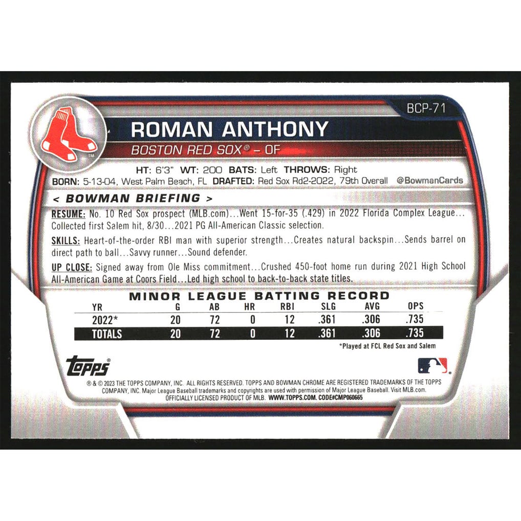 2023 Bowman Chrome #BCP-71 Roman Anthony 1st Prospect
