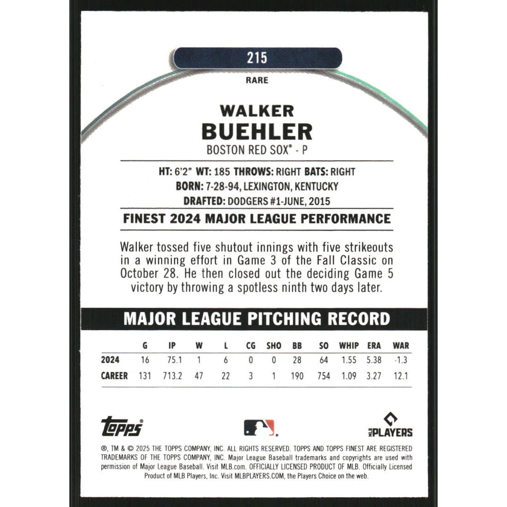 2025 Finest Sky Blue Refractors #215 Walker Buehler