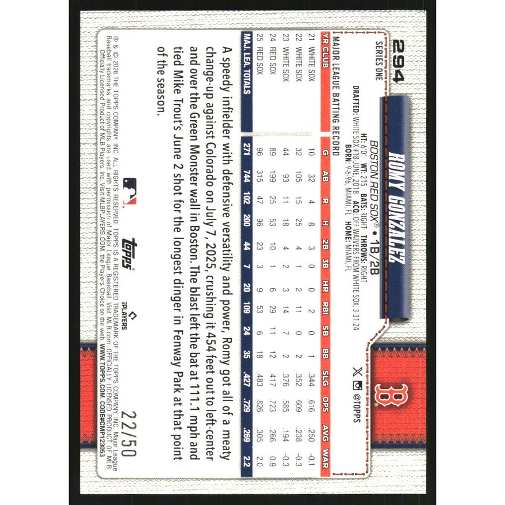 2026 Topps Gold Sandglitter #294 Romy Gonzalez