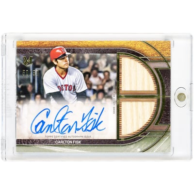 Carlton Fisk Boston Red Sox Autographed 2025 Topps Museum Collection Dual Game Used Bat Relics #SPDRA-CF #50/50 Card