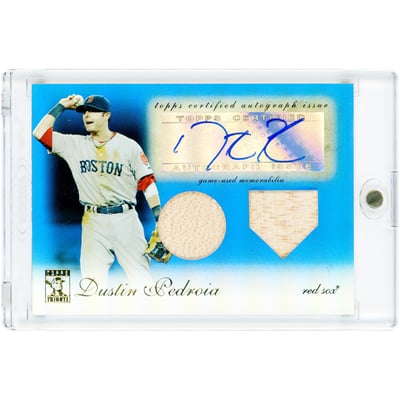 Dustin Pedroia Boston Red Sox Autographed 2009 Topps Tribute Blue Dual Game Used Bat Relics #TDAR-DP #71/75 Card 