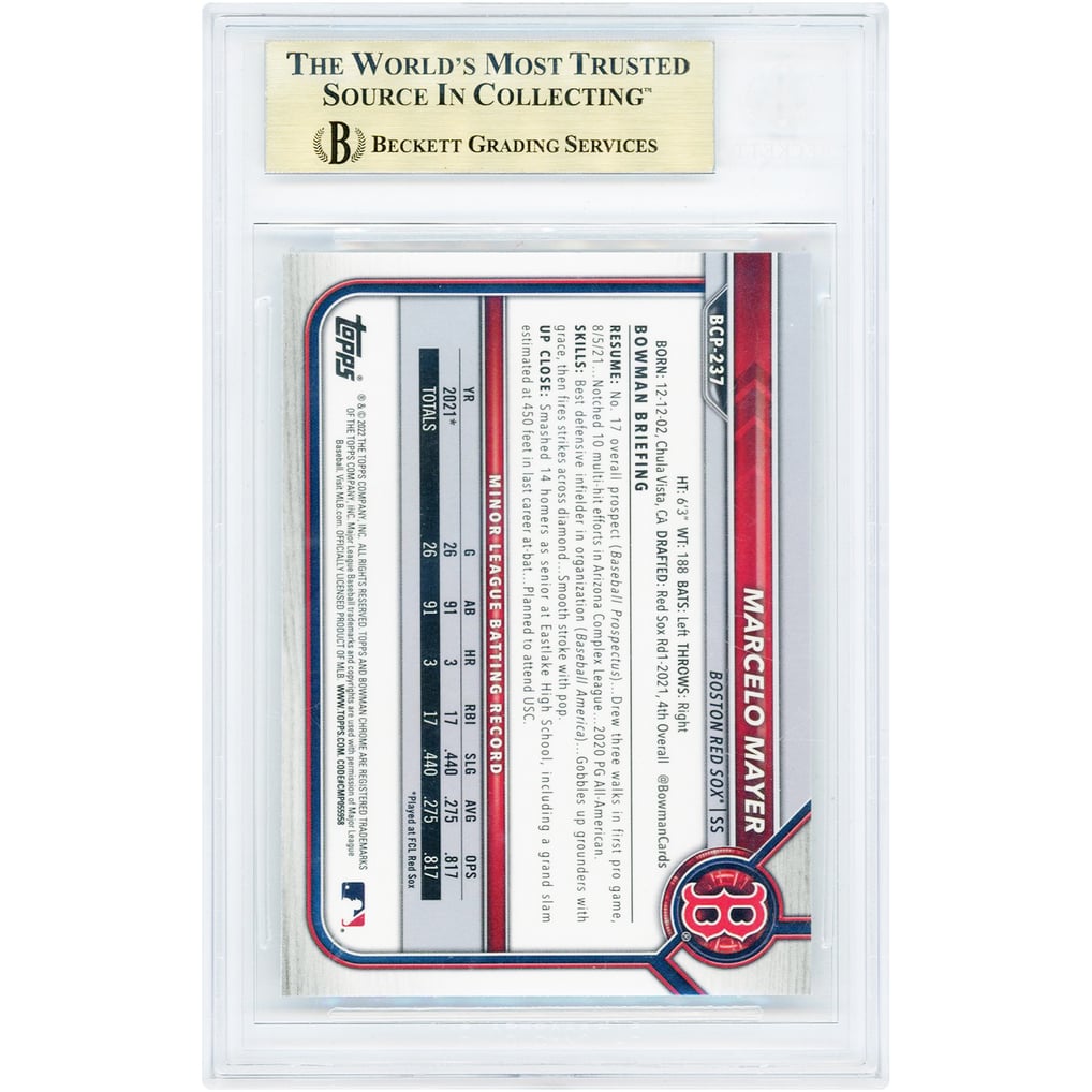 Marcelo Mayer Boston Red Sox 2022 Bowman Chrome Mega Box Mojo Refractor Image Variation #BCP-237 BGS Authenticated 10 Card