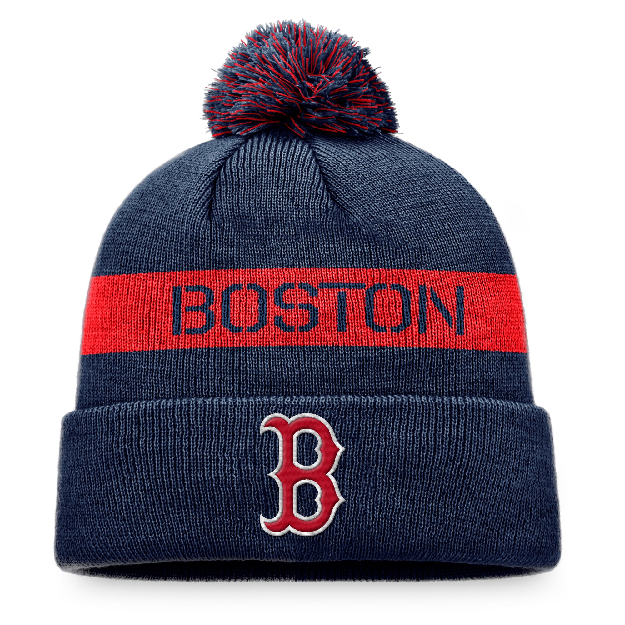 Men's Boston Red Sox Fanatics Navy/Red League Logo Cuffed Knit Hat with Pom
