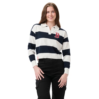 Boston Red Sox Lusso Women's Silvia Boxy Rugby V-Neck Sweater - Navy/Cream