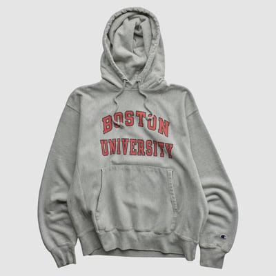 Boston University Champion 2000s Hooded Pullover Sweatshirt - Heather Gray - M by Fanatics Real Vintage