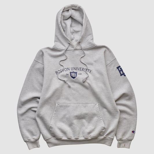 Boston University Champion 2000s Hooded Pullover Sweatshirt - Heather Gray - S by Fanatics Real Vintage