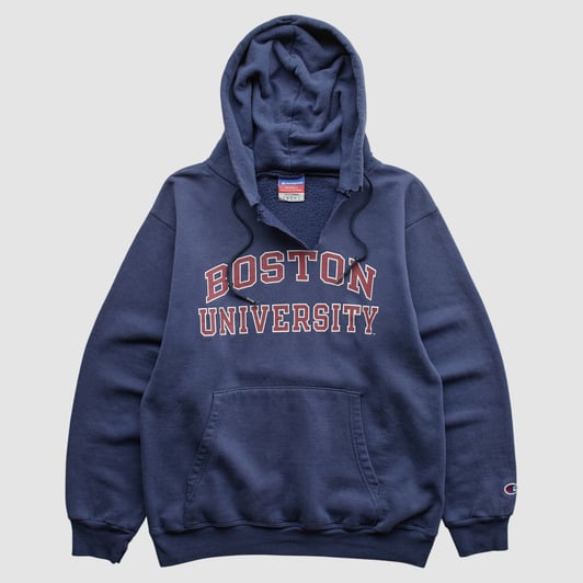 Boston University Champion 2000s Hooded Pullover Sweatshirt - Navy - XXS by Fanatics Real Vintage