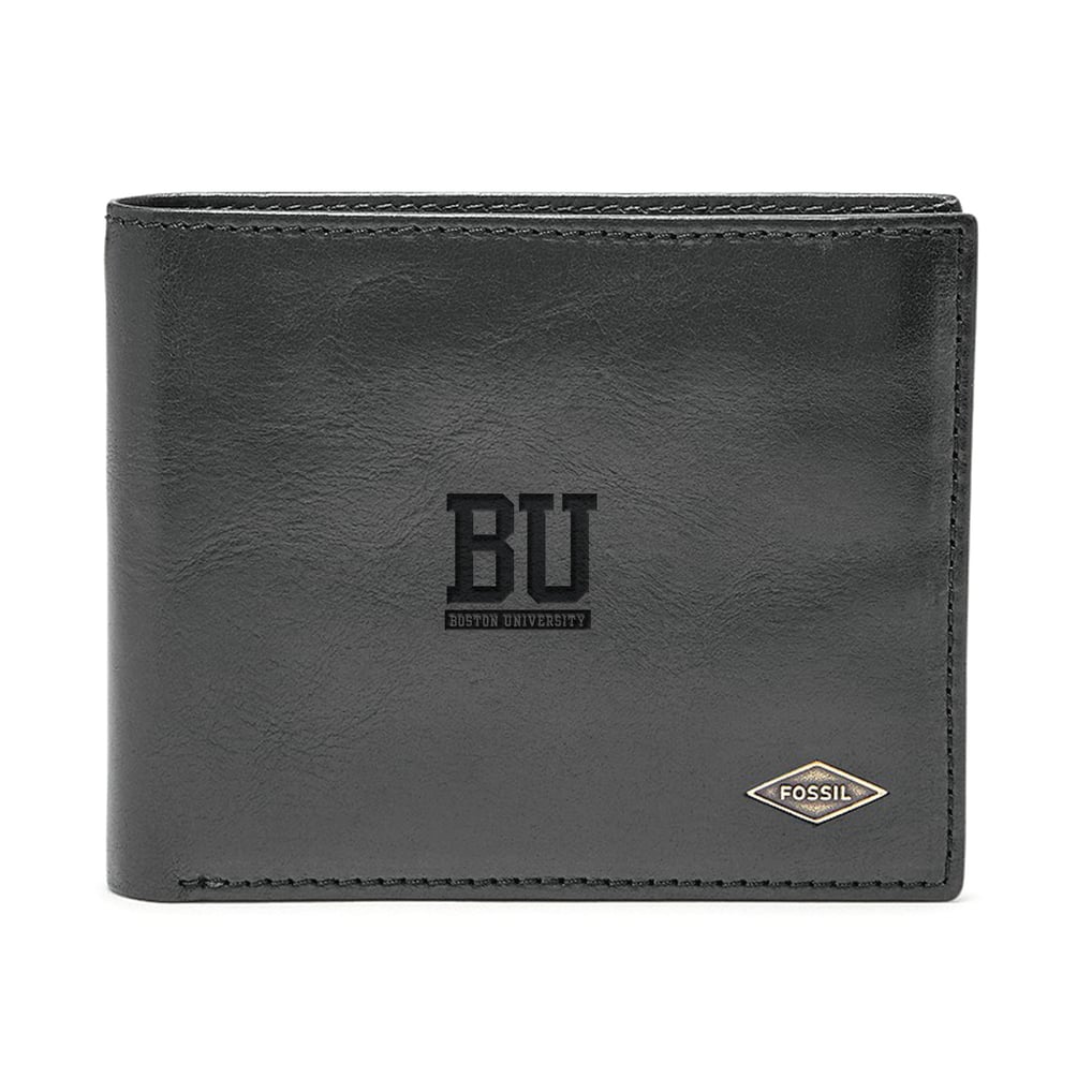 Boston University Fossil Leather Ryan RFID Flip ID Bifold Wallet - Black
