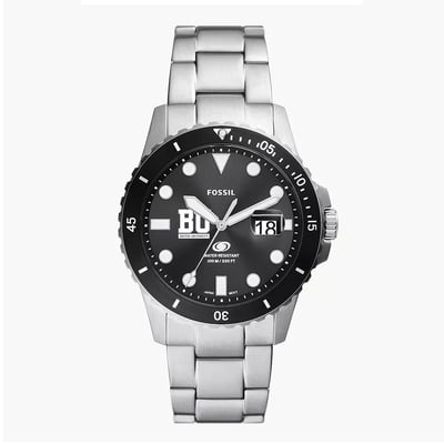 Boston University Fossil Blue Dive Three-Hand Date Stainless Steel Watch - Silver