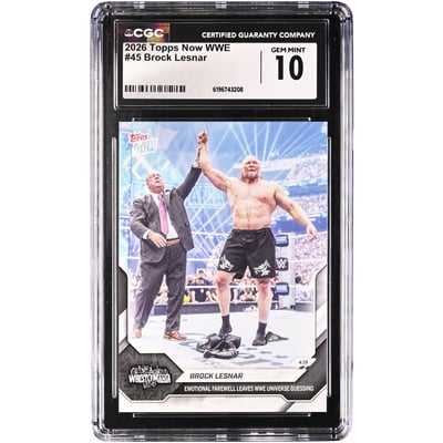Brock Lesnar WWE 2026 Topps Now Emotional Farewell Leaves WWE Universe Guessing #45 CGC Authenticated GEM MINT 10 Card
