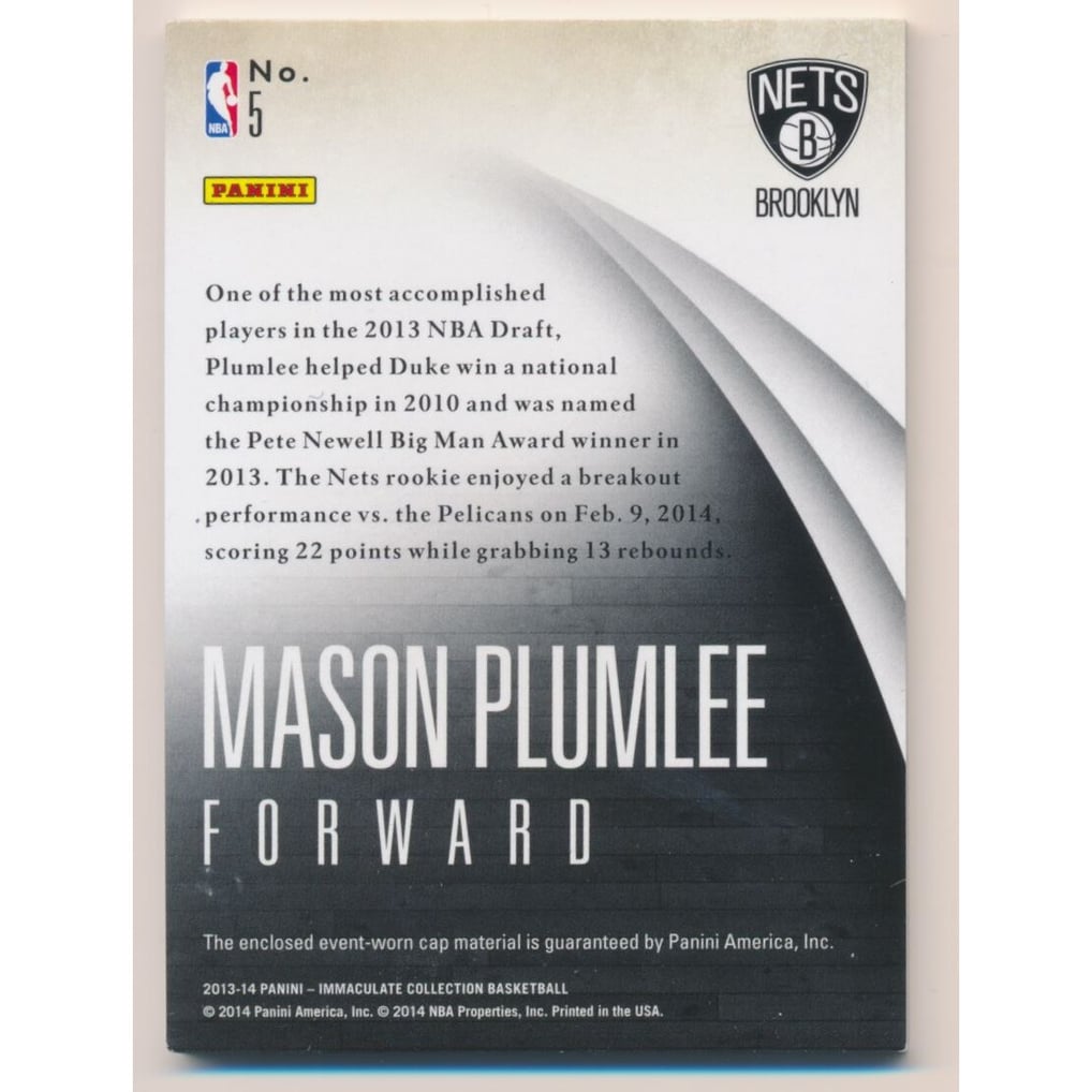 2013-14 Immaculate Collection Player Caps #5 Mason Plumlee/75