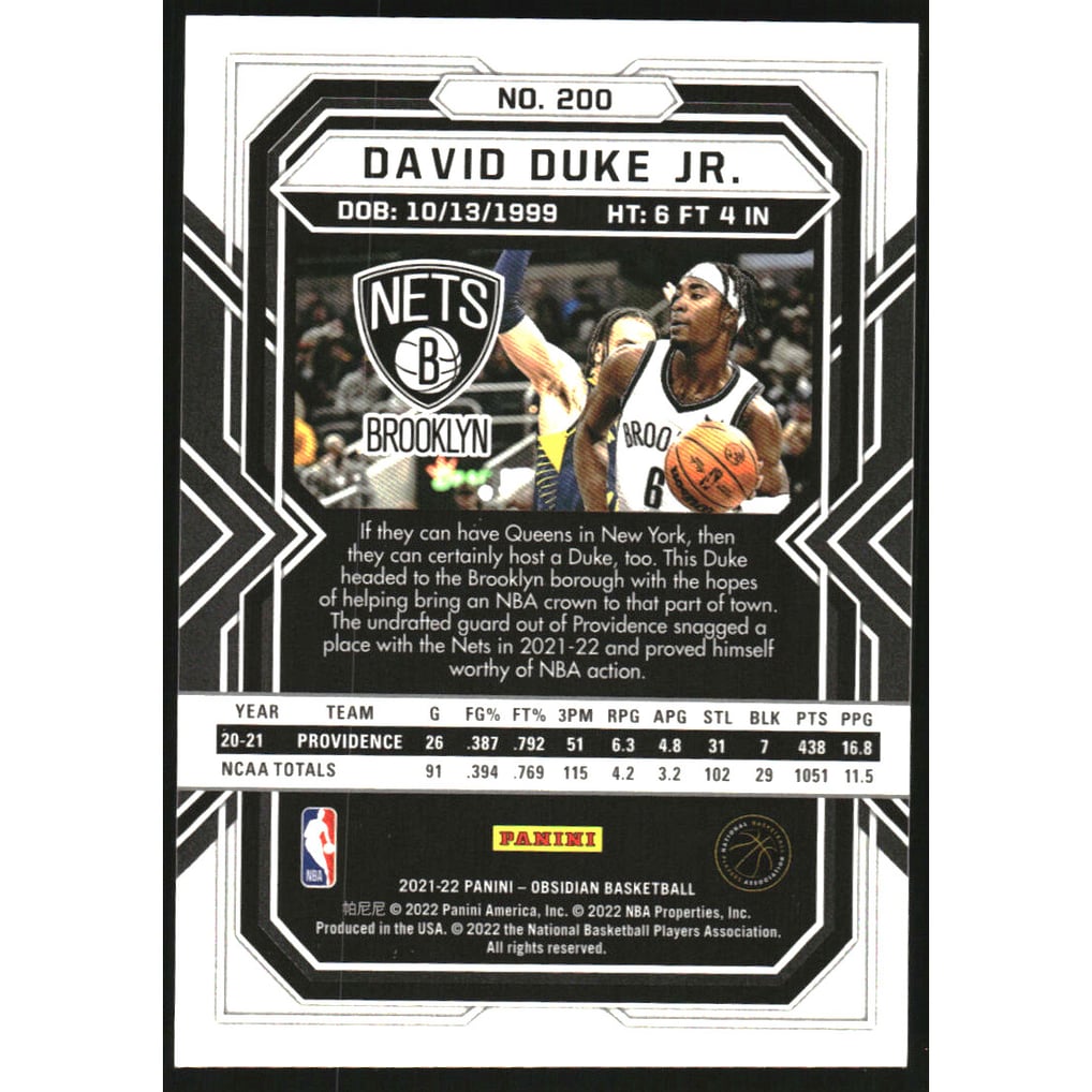 2021-22 Panini Obsidian #200 David Duke Jr. RC