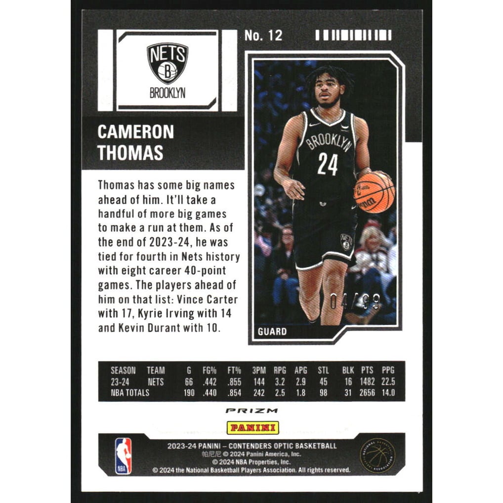 2023-24 Panini Contenders Optic Blue #12 Cameron Thomas