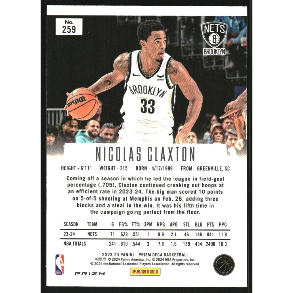 2023-24 Panini Prizm Deca Prizms Silver #259 Nicolas Claxton