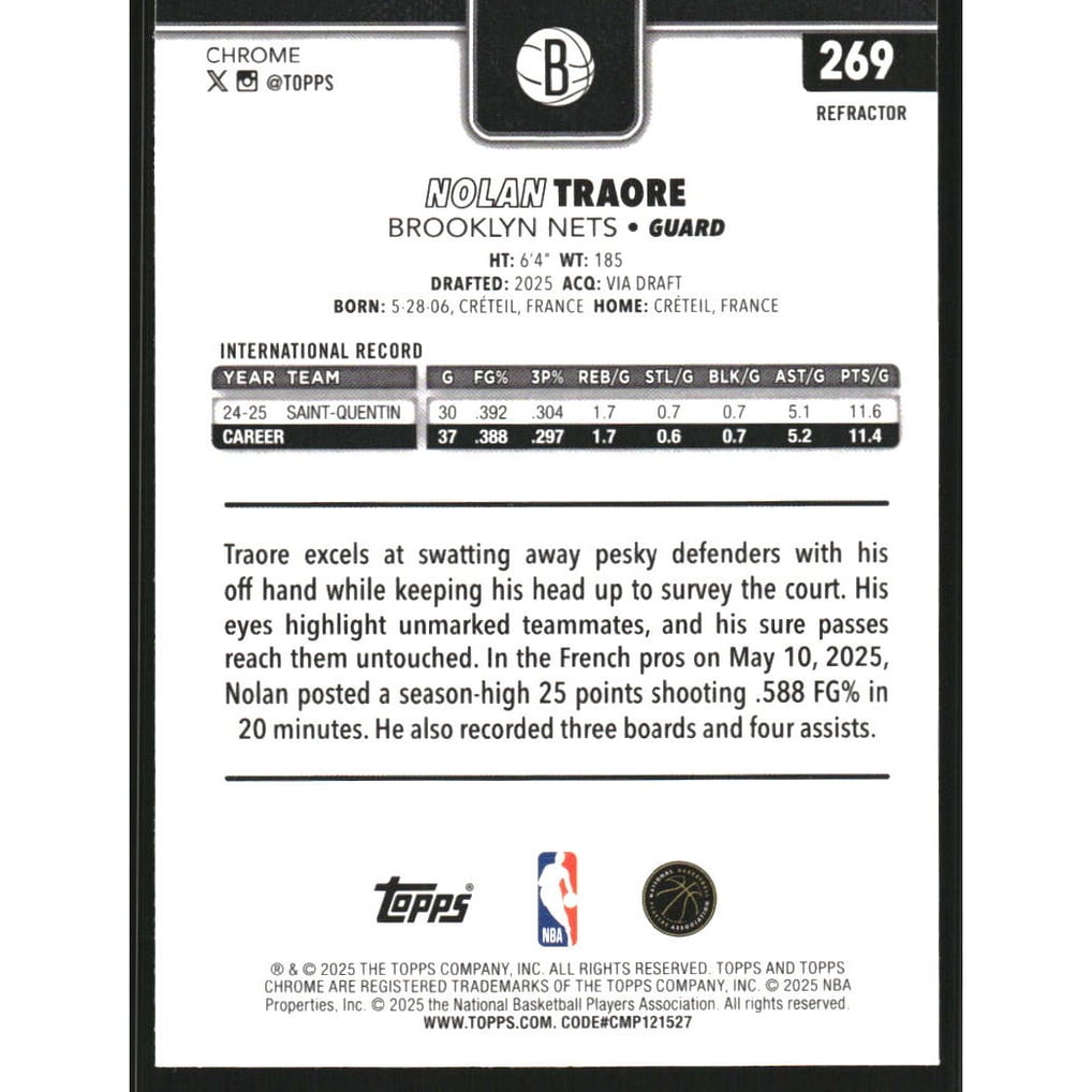 2025-26 Topps Chrome Refractors #269 Nolan Traore