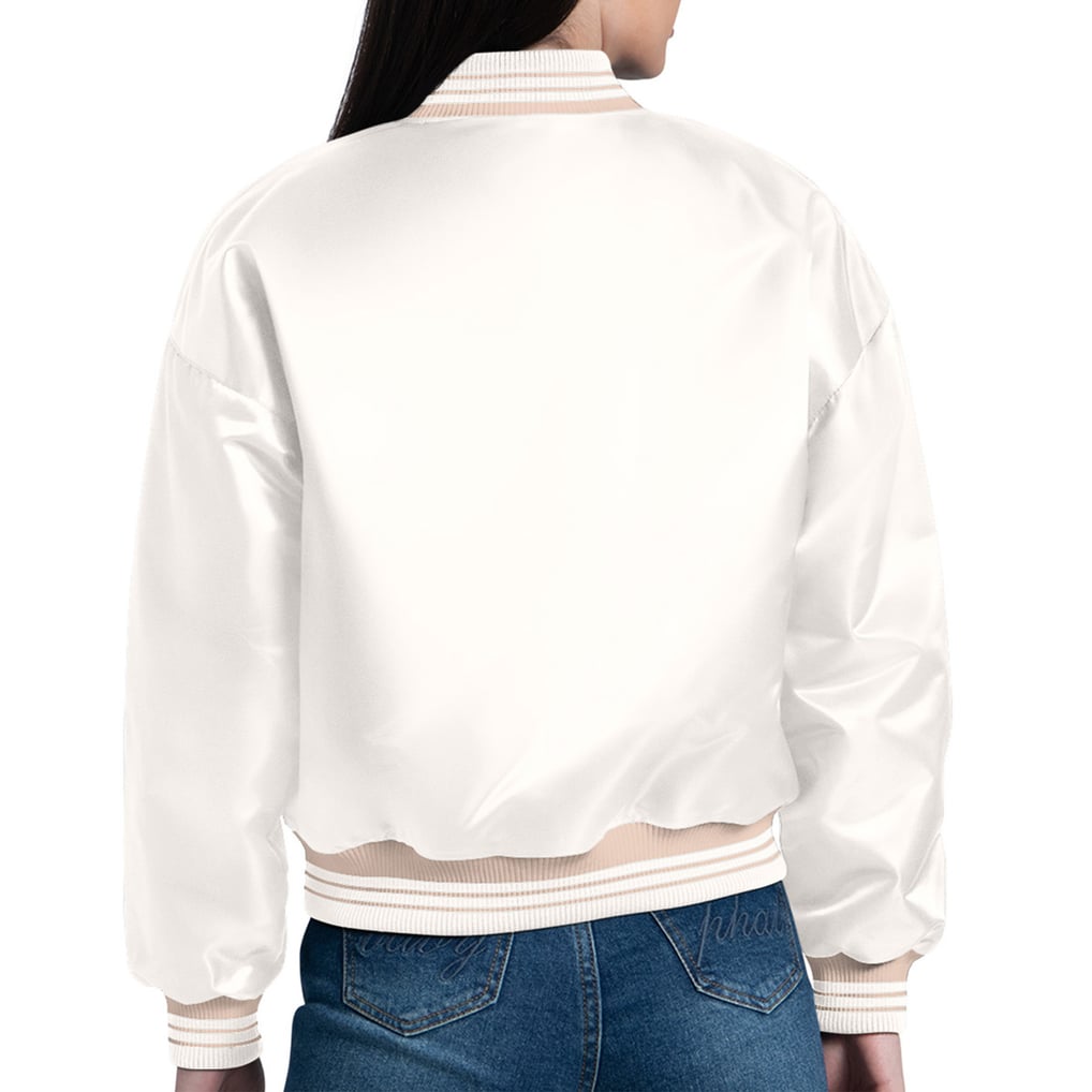 Brooklyn Nets Starter Women's Printed Logo Cropped Satin Varsity Full-Snap Jacket - Cream