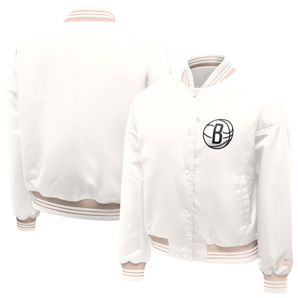 Brooklyn Nets Starter Women's Printed Logo Cropped Satin Varsity Full-Snap Jacket - Cream