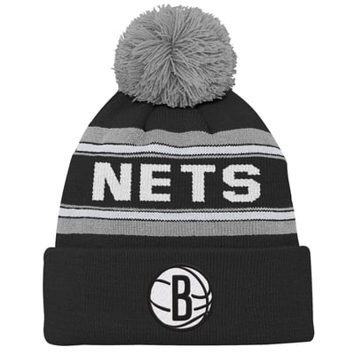Brooklyn Nets Youth Backboard Jacquard Cuffed Knit Hat with Pom - Black