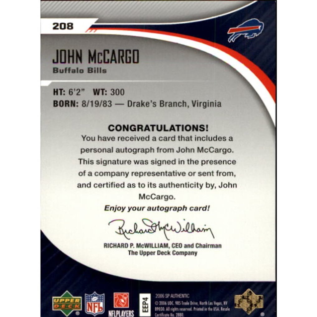 2006 SP Authentic #208 John McCargo AU RC