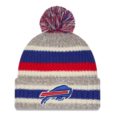 Buffalo Bills New Era Girls Youth Stripe Cuffed Knit Hat with Pom - Royal/Beige