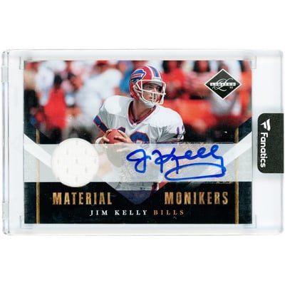 Jim Kelly Buffalo Bills Autographed 2010 Panini Leaf Limited Material Monikers Game Used Jersey Relic #25 #19/25 Card