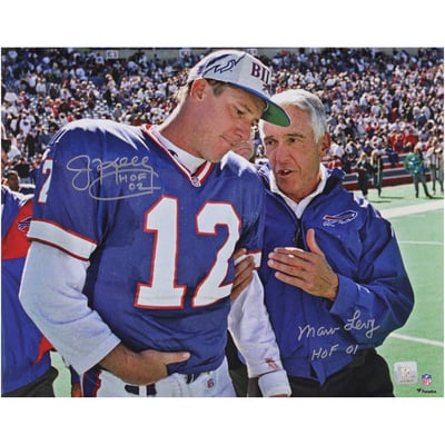 Marv Levy & Jim Kelly Buffalo Bills Autographed Fanatics Authentic 16" x 20" Talking Together Photograph with Multiple Inscriptions