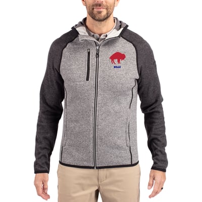  Buffalo Bills Cutter & Buck Throwback Mainsail Sweater-Knit Full-Zip Hoodie - Heather Gray/Heather Charcoal