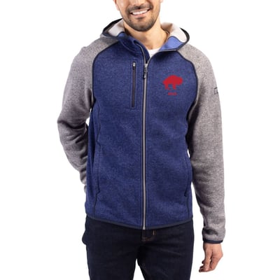  Buffalo Bills Cutter & Buck Throwback Mainsail Sweater-Knit Full-Zip Hoodie - Royal/Heather Gray