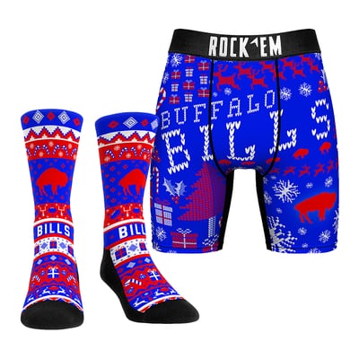 Buffalo Bills Rock Em Socks Retro Throwback Holiday Tacky Sweater Underwear and Crew Socks Combo Pack