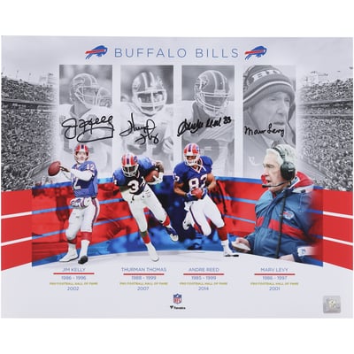 Thurman Thomas, Jim Kelly, Andre Reed & Marv Levy Buffalo Bills Autographed Fanatics Authentic 16" x 20" Bills Hall of Famers Collage Photograph