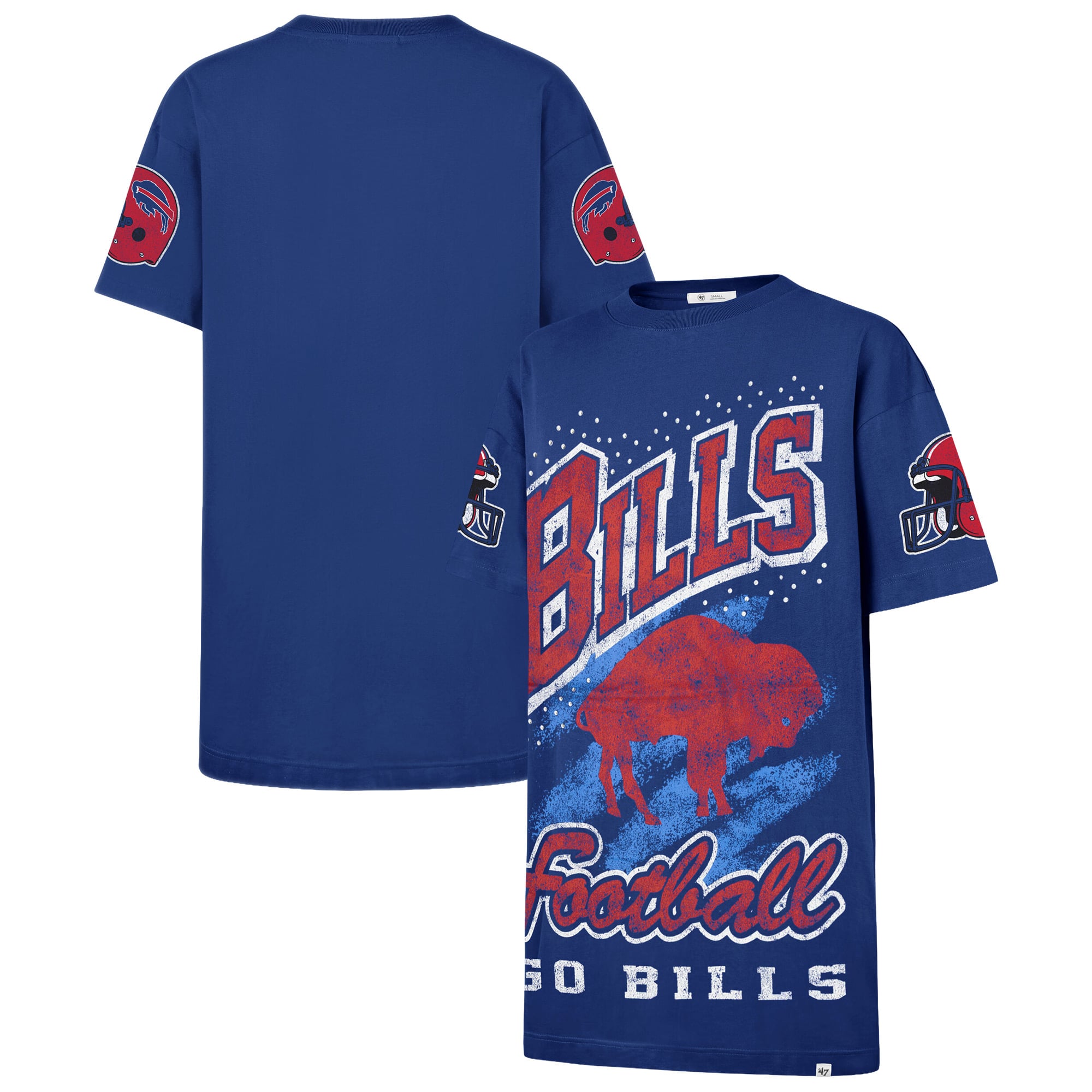 buffalo bills jersey dress Women's '47 Royal Oversized Gemstone Swash T-Shirt Size: Large Sequin dress