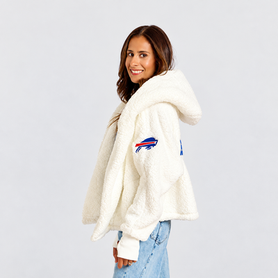 Buffalo Bills by Jill Martin Women's Remix Cropped Chenille Patch Sherpa Lounger Jacket - White