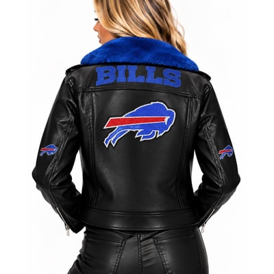 Buffalo Bills FABGATING by Cuce Women's Vegan Leather Faux Fur Moto Full-Snap Jacket - Black/Royal