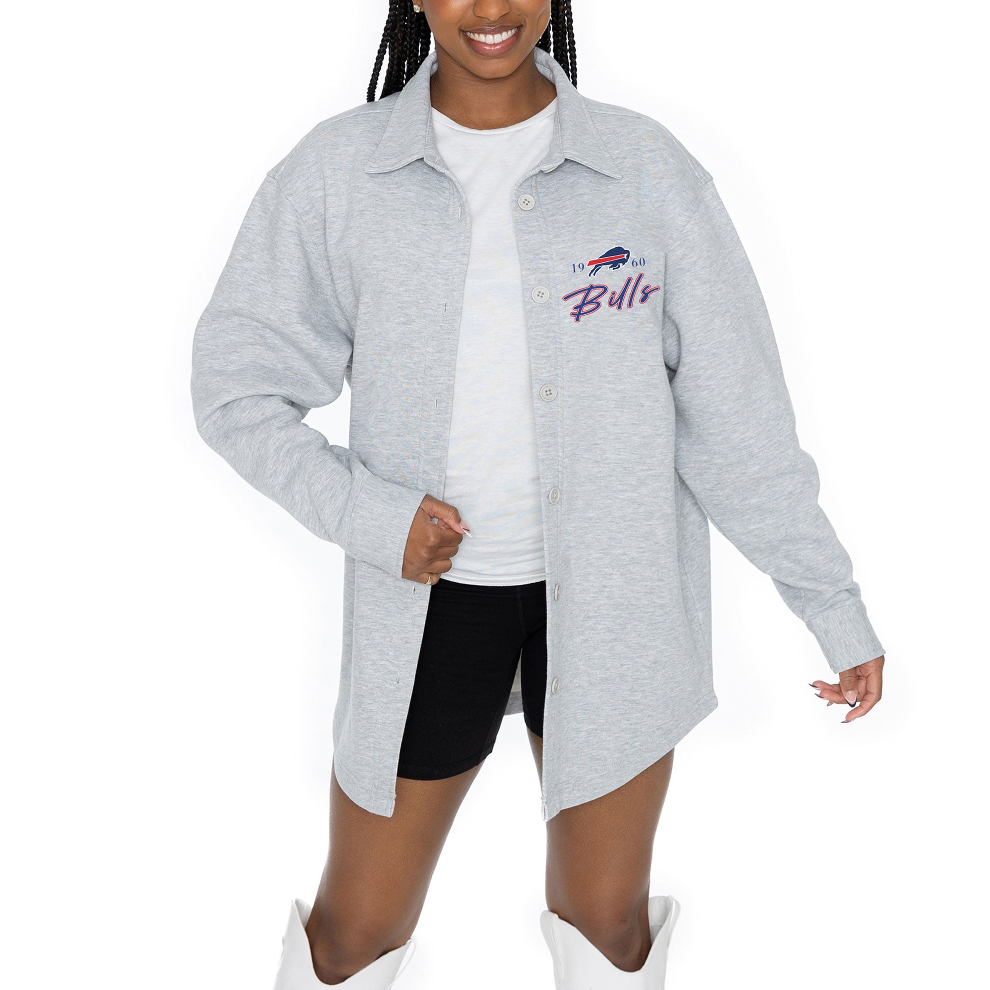 Women's Buffalo Bills Gameday Couture Ash FullButton Long Sleeve Overshirt
