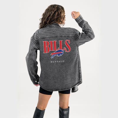  Buffalo Bills Gameday Couture Women's End Zone Energy Rhinestone Washed Full-Snap Denim Overshirt - Black