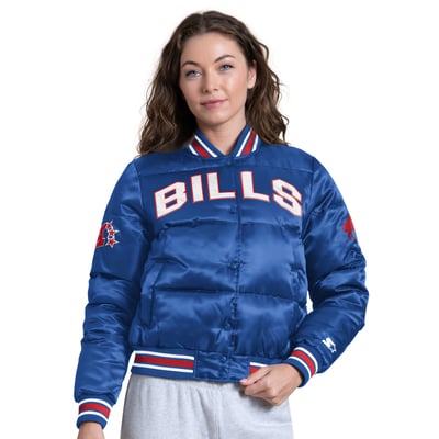Buffalo Bills Starter Women's Vintage Pump Fake Puffer Full Snap Cropped Jacket - Royal