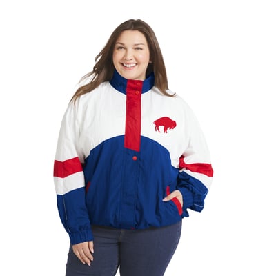  Buffalo Bills WEAR by Erin Andrews Women's Plus Size Plus Size Crinkle Full-Zip Hooded Windbreaker - White/Royal