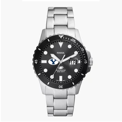 BYU Cougars Fossil Blue Dive Three-Hand Date Stainless Steel Watch - Silver