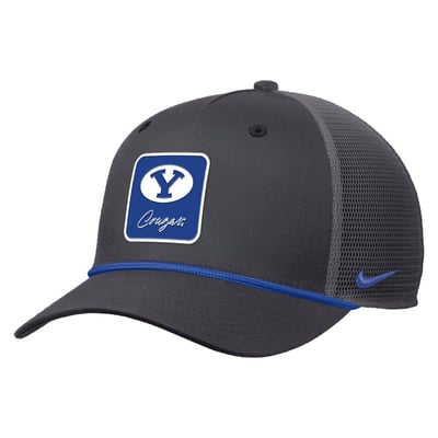  BYU Cougars Nike Primetime Logo Script Rise Rope Trucker Adjustable Hat - Anthracite