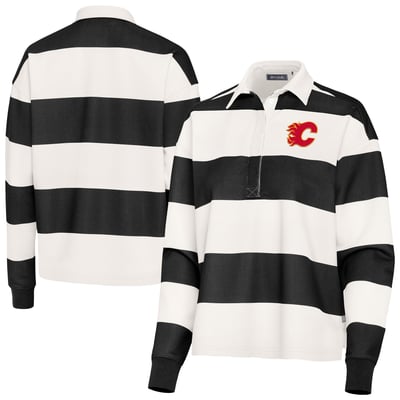 Calgary Flames Antigua Women's Banner Rugby Long Sleeve Polo - Black/Cream