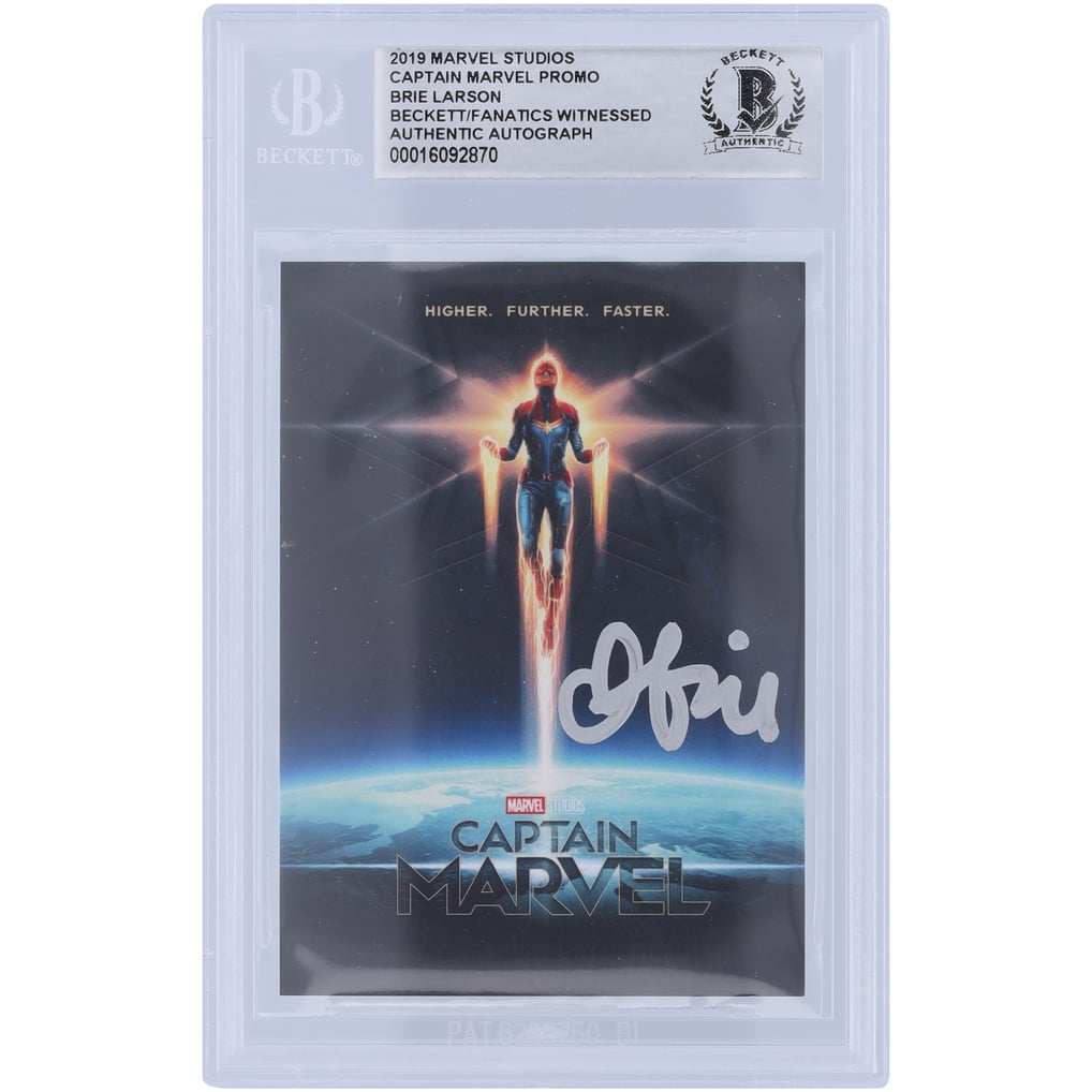 Brie Larson Captain Marvel Autographed 2019 Marvel Studios Promo Flying Silver Ink #BL Beckett Fanatics Witnessed Authenticated Card